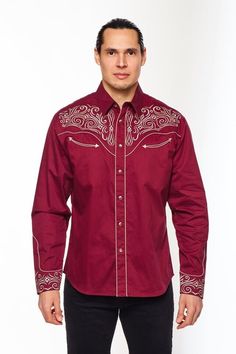 Label: RODEO CLOTHING Material : 55% Cotton 45% Polyester Description: Men's long sleeve cotton/poly western shirts. CARE INFORMATION: machine wash warm mild soap do not bleach tumble dry low heat warm iron PATTERN: Solid FABRIC TYPE: Woven COLLAR STYLE: Regular Western Collar MATERIAL: 55% Cotton 45% Polyester STYLE: Regular fit western style embroidery OTHER FEATURE: 55P% COTTON/ 45% POLY POPLIN FABRIC POCKETS WITH PIPING SNAP BUTTONS SOLID FABRIC REGULR FIT EMBROIDERY ON THE FRONT AND BACK YOKE MENS STYLE WESTERN STYLE Cheap Men's Rodeo Shirt, Western Style Red Long Sleeve Tops, Red Western Long Sleeve Tops, Fitted Long Sleeve Shirt For Western-themed Events, Red Long Sleeve Western Top, Western Long Sleeve Shirt For Spring, Spring Western Long Sleeve Shirt, Embroidered Fitted Shirt For Rodeo, Fitted Embroidered Shirt For Rodeo