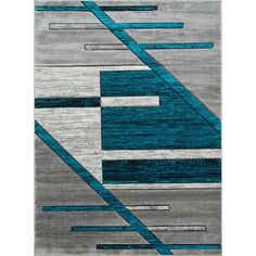 an abstract rug with blue and grey stripes