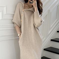 High Neck Sweater Dress, Knitted Sweater Dress, Y2k Aesthetic Outfits, Y2k Clothes, Korean Dress, High Neck Sweater, Khaki Dress, Pullover Designs, Knit Sweater Dress