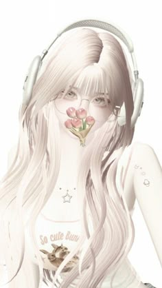 a girl with headphones and flowers on her face