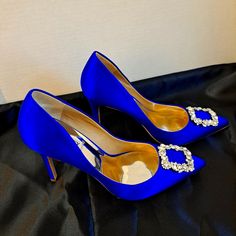 Gorgeous Imported Royal Blue Satin Pumps In Size 10 With A 4" Tapered Heel, Quarter Inch Platform, Leather Sole And Foam Cushioned Insoles. Cute Rhinestone Detail On Toes. Badgley Mischka Shoes, Satin Pumps, Crystal Blue, Blue Satin, Badgley Mischka, Shoes Women Heels, Royal Blue, Shoes Heels, Size 10