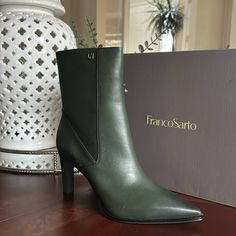 Franco Sarto Appia Leather Pointed Toe Dress Boots Green Color Size 8/5 Chic Green Pointed Toe Boots, Green Leather Heeled Boots With Pointed Toe, Green Pointed Toe Heels With Leather Sole, Green Pointed Toe Western Boots, Franco Sarto Boots, Franco Sarto Shoes, Franco Sarto, Dress With Boots, Green Colors