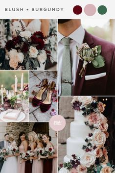 a collage of photos with flowers, candles and brides dress in burgundy tones