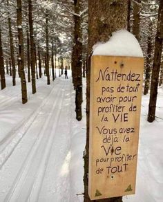 a sign on a tree in the middle of a snow covered forest with people walking by