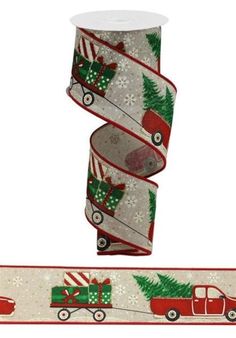 two rolls of christmas ribbon with trucks and trees on them