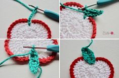 crocheted heart with green and red yarn being worked on by the same person