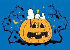 peanuts on top of a jack - o'- lantern with stars and moon in the background