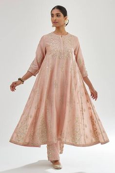 Buy Pink Kurta And Pant Silk Chanderi Embroidery Zari A-line Long Set For Women by Kora Online at Aza Fashions. Gota Embroidery, Sheer Dupatta, Chanderi Dupatta, Pink Kurta, Long Kurta, A Line Kurta, Embroidered Border, Beaded Neckline, Silk Organza