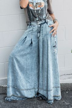 You're A Star Pants in Denim Blue - SpiritedBoutiques Boho Hippie Boutique Style Pants, Oli & Hali Styled Outfits, Star Pants, Super Flare Jeans, Bohemian Style Clothing, Jeans Diy, Wide Leg Denim, Denim Blue, Wide Leg Jeans, Bottoms Pants