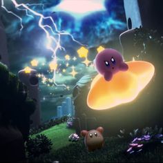 an animated video game character in the middle of a field with lightning and clouds behind him