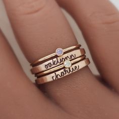 The Hannah Set in 14K gold-filled with name and birthstone rings Name Rings Gold, Name Rings Personalized, Mothers Jewelry, Stackable Name Rings, Christmas Gift Ideas For Women, Sterling Silver Birthstone Ring, Handwriting Gifts, Handwriting Jewelry, Birthstone Rings