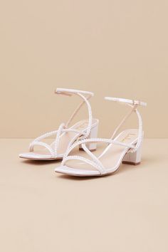 Makenna White Pearl Satin Strappy Ankle Strap Low Heel Sandals White Heels Short, Shoes Hoco, Hoco Inspo, Bridal Shoes Low Heel, Cute Date, Trendy Heels, Sparkly Shoes, Pearl Details, Greek Wedding