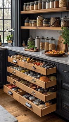 an organized spice rack in the middle of a kitchen with lots of spices on it