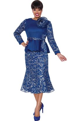 Stellar Looks 1852 royal blue mesh skirt suit First Lady Church Suits, Church Suits And Hats, Dresses Church, Classy Skirts, Women Church Suits, African Inspired Clothing, Church Suits, Stylish Short Dresses