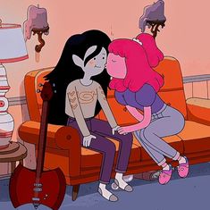 two cartoon characters sitting on a couch in front of a table with a lamp and guitar