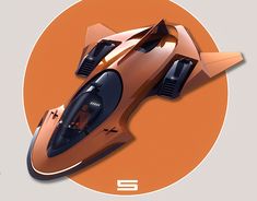 an orange and black futuristic vehicle is shown in the middle of a circular image with text below it