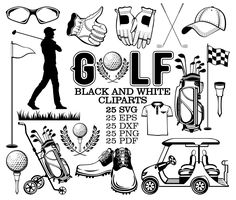 an advertisement for the golf tournament with various items and symbols on it, including a man walking