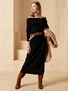 Off-the-Shoulder Sweater Dress | Banana Republic Black Sweater Dress Outfit, Sweater Over Dress, Knitted Dress Outfit, Elegantes Outfit Damen, Sweater Dress Outfit, Winter Dress Outfits, Long Sweater Dress, Black Sweater Dress, Sweater Dress Women