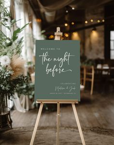 The Night Before Sign Template Welcome your guests with a touch of modern minimalist with this rehearsal dinner welcome sign template. The night before welcome sign is an elegant and minimal design that makes it a perfect fit with any sage green wedding rehearsal decor. This rehearsal dinner sign will set the tone for an unforgettable evening before the big day! ⸻ MATCHING REHEARSAL INVITATION https://etsy.me/3V14BVh ⸻ This is a DIGITAL DOWNLOAD editable template - no physical products will be s Rehearsal Dinner Themes, Rehearsal Dinner Welcome Sign, Night Before Wedding, Rehearsal Invitations, Rehearsal Dinner Decorations, Random Products, Sage Green Wedding