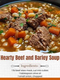 a bowl of hearty beef and barley soup