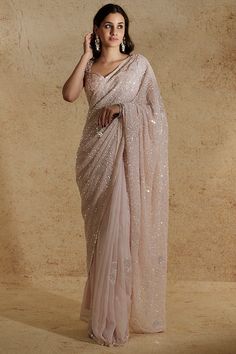 Blush Pink Embroidered Saree Set Design by Kalighata at Pernia's Pop Up Shop 2022 Baju Kahwin, Chikankari Saree, Sarees For Girls, Saree Wearing Styles, Sari Design, Fancy Sarees Party Wear, Traditional Indian Dress, Simple Sarees