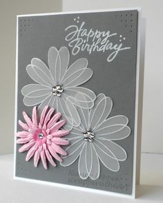 a birthday card with pink and white flowers on the front, in grey background that says happy birthday