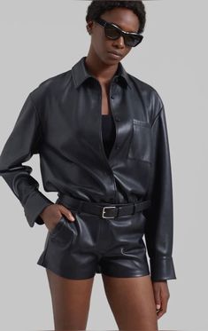 Faux Leather Shirt, The Frankie Shop, Frankie Shop, Leather Shirt, Faux Leather Fabric, Leather Fabric, Drop Shoulder, Patch Pocket, Black Shirt