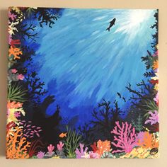 an acrylic painting of a bird flying over coral reef