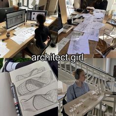 there are pictures of people sitting at desks with architectural drawings on the table and in front of them