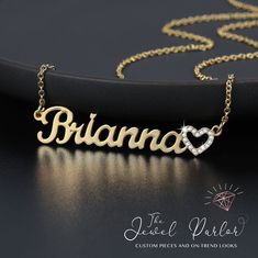 Custom necklace personalized with a name, word or initials followed by a crystal heart Clear crystal accents embedded in the font Choice of 18K gold-plated, rose gold-plated, rhodium-plated finish Strung on an 18" link chain Material is stainless steel Tarnish-free Custom name necklace also available in Old English font and plain Cursive font. ℹ upon checkout, leave the name/word/initials you wish to have made in the format desired (uppercase/lowercase). Necklace will be made with information AS Bff Necklaces, Heart Necklace Diamond, Gold Name Necklace, Authentic Jewelry, Made Jewelry, Custom Name Necklace, Custom Necklace, Crystal Heart, Personalized Necklace