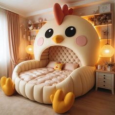 a bedroom with an egg shaped bed in the shape of a chicken