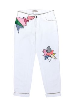 Get ready to turn heads in these quirky and playful Christopher Kane white denim jeans. The multi-colored patch shapes add a pop of fun and extra style to your weekend look. Don't forget to pair them with a colorful shoe for the ultimate statement! Size 6 (28) 100% Cotton Trim 100% Polyester Unlined Covered zipper front with top button closure One front slip pocket Two back slip pockets Waist 32" Hips 36" Length 38" Inseam 29" Fun White Bottoms For Spring, Trendy Cotton Bottoms With Patches, Trendy Multicolor Cotton Jeans, Trendy Multicolor Jeans, Trendy Multicolor Spring Jeans, Trendy Graphic Print Cotton Jeans, Trendy Cotton Jeans With Graphic Print, Trendy Cotton Jeans With Patches, Spring Patchwork Cotton Jeans