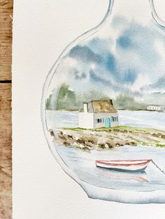 a watercolor painting of a boat on the beach in front of a house with a red roof