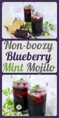 two glasses filled with blueberry mint mojits on top of a white table