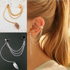 Be edgy and unique with this leaf tassel ear cuff! A simple ear cuff composed of 3 chains from cuff to the stud and one for the leaf tassel. Metals Type: Zinc Alloy.Colors: Silver/Gold. *NOTE: Due to the Chinese New Year Holiday, this item will ship by the end of February 2021. Guaranteed safe check out:PAYPAL | VISA | MASTERCARD Please allow 9 - 24 business days for the item to arrive. Leaf Ear Cuffs, Ear Cuff Jewelry, Tassel Earing, Vintage Clip Earrings, Cuff Jewelry, Luxury Earrings, Ear Cuff Earings, Hanging Earrings, Ear Cuffs