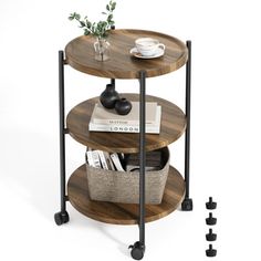 three tiered wooden table with black metal legs