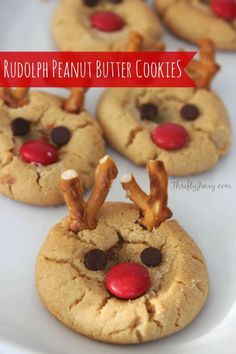 rudolph the reindeer peanut butter cookies on a white plate