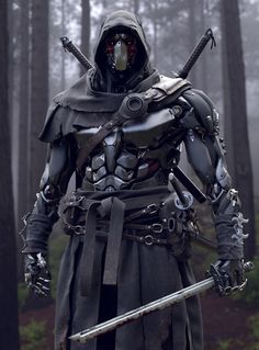 a man dressed in armor and holding two swords stands in the woods with trees behind him