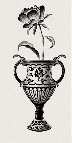 a drawing of a flower in a vase with leaves on the top and below it