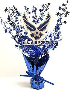 a bouquet of blue flowers with the u s air force emblem on it's centerpiece