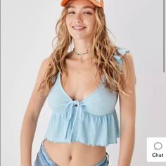 This Tank Is The Key To Our Hearts. Ribbed Cotton Blend Adjustable Keyhole Tie Flutter Sleeves Lettuce Edge Hem V-Neck Casual V-neck Crop Top With Ruffles, Casual V-neck Ruffled Crop Top, Sparkly Tank Top, American Eagle Top, Orange Tank Top, Womens Cami, Mens Outfitters, Flutter Sleeves, Cropped Tank Top