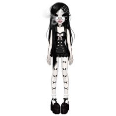 a doll with black hair and white skin is standing in front of a white background