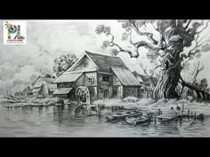 this is a drawing of a house on the water with boats in front of it