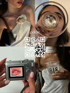 a woman is holding a camera and taking pictures with her qr code on the screen