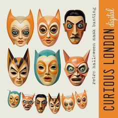 an image of various masks with different facial shapes and colors on the front, including one man's face