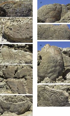 several pictures of rocks with carvings and writing on them, all in different stages of formation