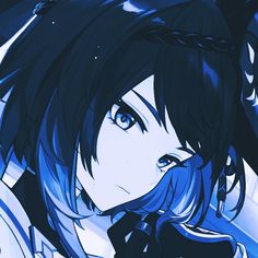 an anime character with blue hair and black eyes