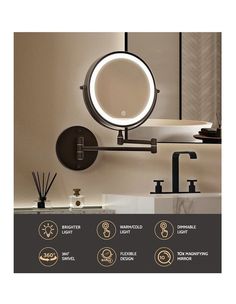 an image of a bathroom mirror that is on the wall with lights and faucet