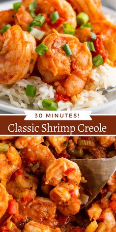 shrimp and rice in a white bowl with text overlay that reads 30 minutes classic shrimp croquet