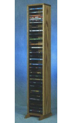 a tall wooden dvd rack with many dvds